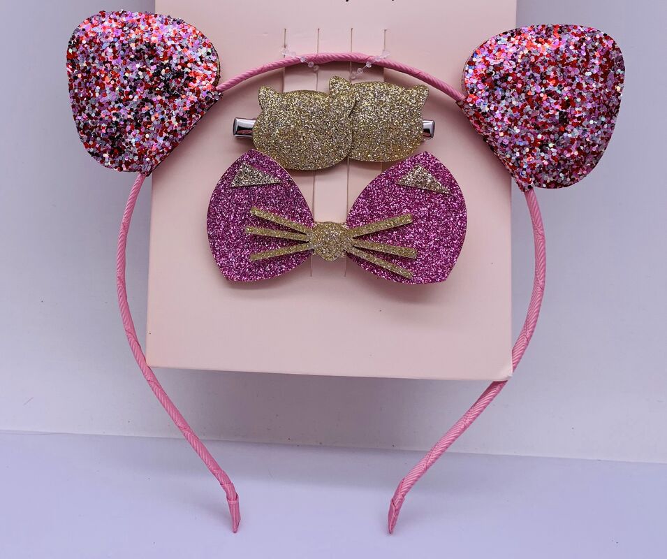 Sequin Bow Childrens Hair Accessories Headband With Hoop Pink Color